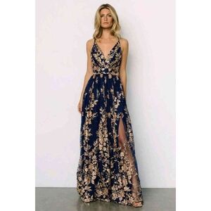 Elegant Navy and Gold Floral Evening Gown